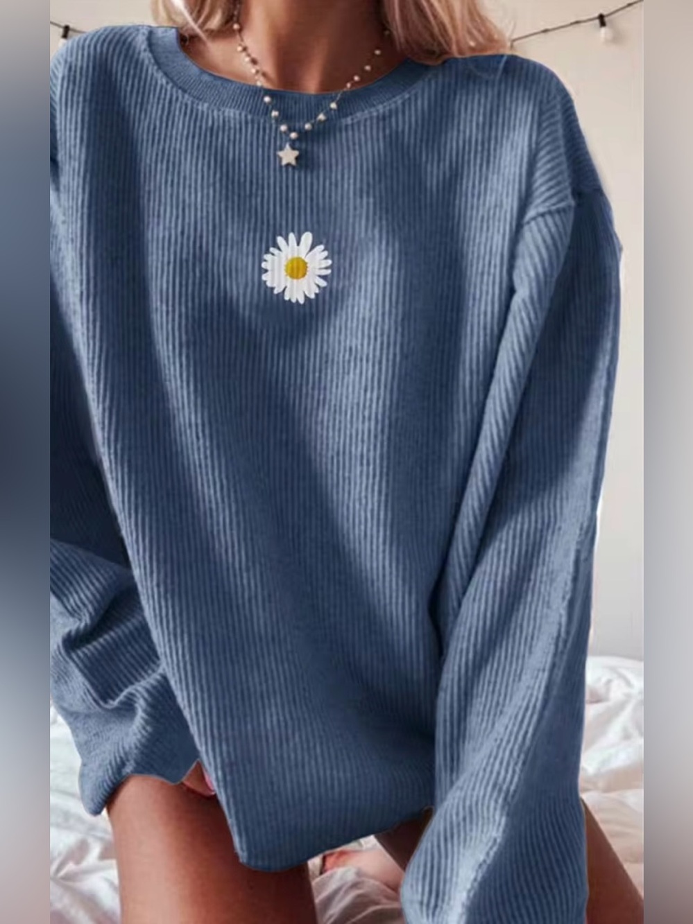 💙🌼Shein “Ribbed/Corded Longsleeve Pullover Top w/White🤍Daisy🌼" Slate Blue💙3X•18